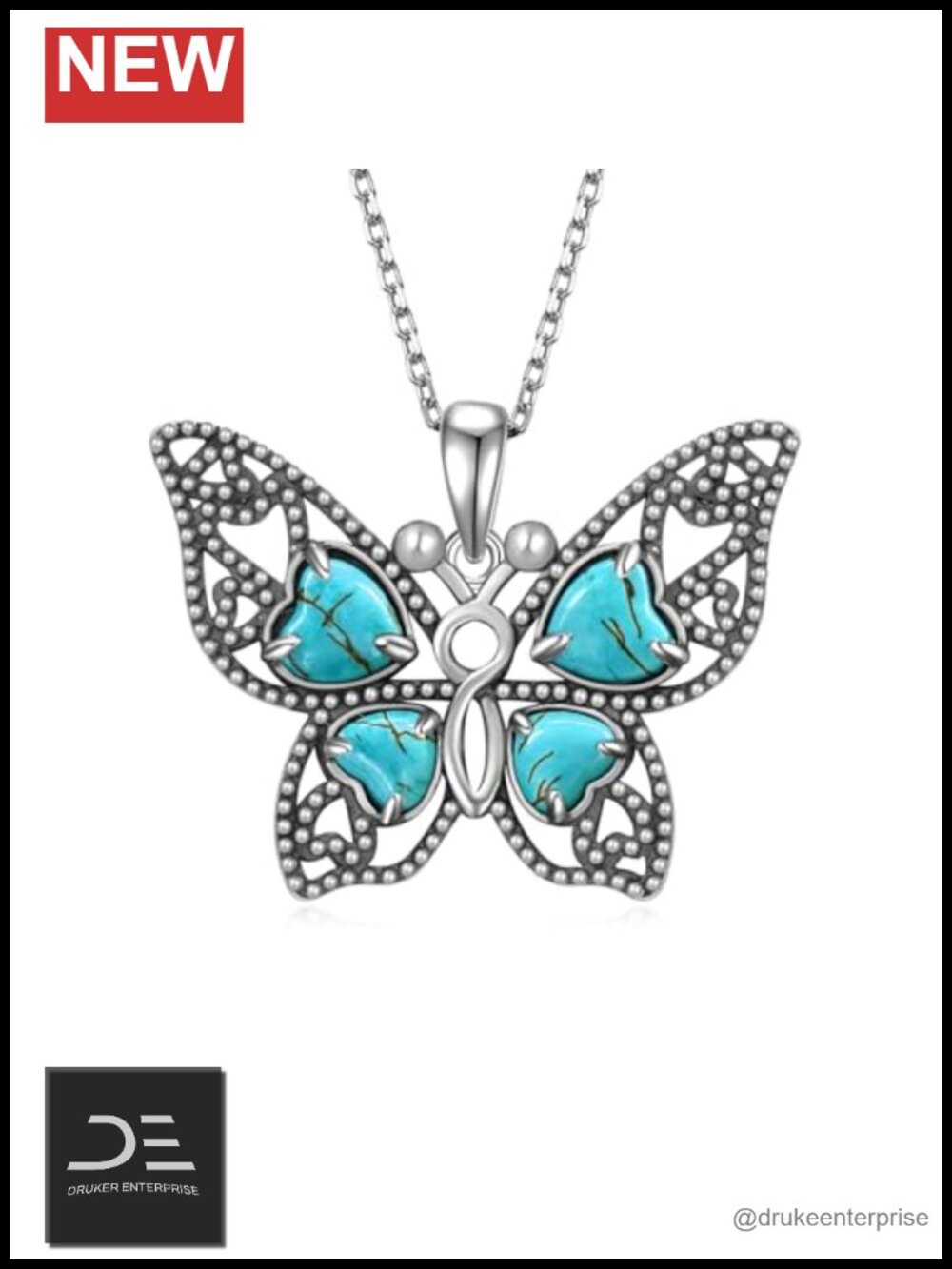 Genuine Turquoise Butterfly Pendant Necklace 925 Sterling Silver Western